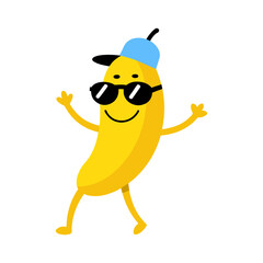 Cool cartoon banana character in sunglasses and baseball cap dancing, a vibrant, fun vector illustration for food, health, summer, party, or tropical concepts.

