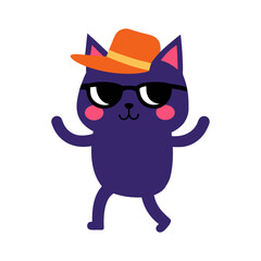 Adorable purple cat cartoon character wearing a stylish orange hat and sunglasses, a charming vector illustration perfect for fashion, animals, pet shop, or trendy design.

