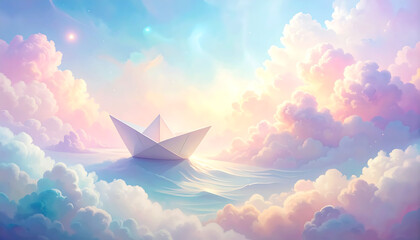 Whimsical dream of a paper boat sailing in the clouds