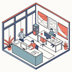 Isometric office space design with working people