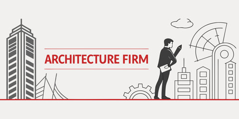 Architecture firm concept with modern design, building icon and urban skyline