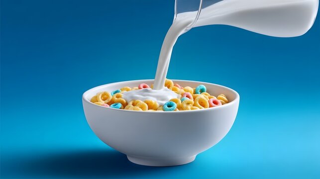 Closeup of a bowl of assorted breakfast cereal being filled with fresh, creamy milk on a simple blue background