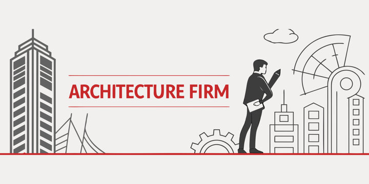 Architecture firm concept with modern design, building icon and urban skyline