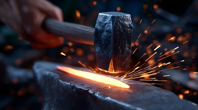 Close-up view of a blacksmith intensely working on a hot metal object, creating a shower of bright orange sparks as the hammer strikes the anvil
