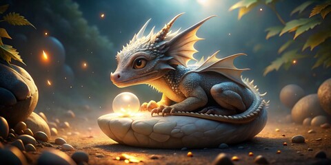 A Mystical Baby Dragon, Enchanting Orb, and Glowing Pebbles in a Serene Forest Setting