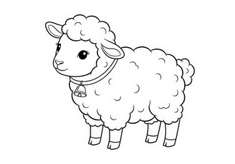 Cute Cartoon Sheep with Bell, Simple Outline for Coloring Pages and Illustrations