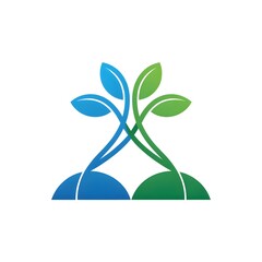 Abstract plant logo design featuring intertwined blue and green leaves a minimalist vector illustration for eco-friendly branding