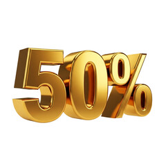 3D text ‘50%’ in shiny metallic gold 