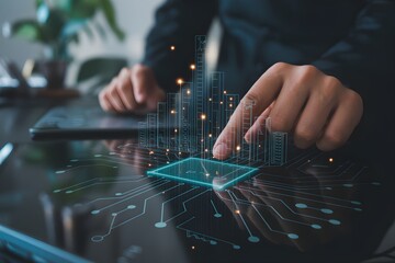 Close-up of a person touching a futuristic microchip representing advanced technology and innovation for use in presentations and articles