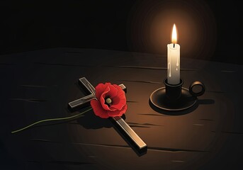 Remembrance Day Night Scene Lighting A Candle, Cross, and Poppy in the Dark