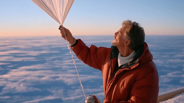 A researcher their parka zipped deploys a weather balloon its fabric inflating. A metal canister its valve hissing releases gas. A rope its fibers frayed tethers the balloon