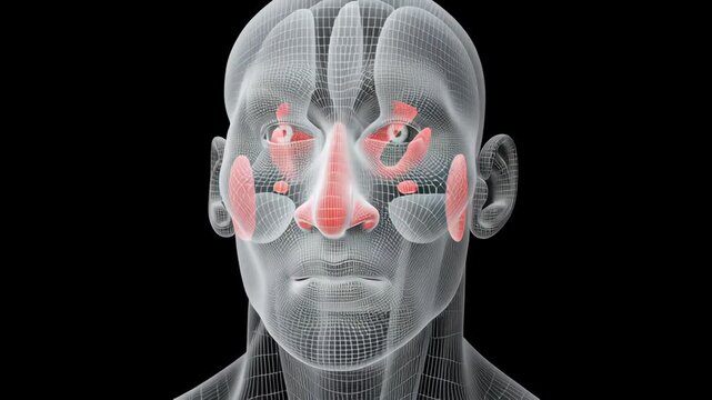 Sinusitis concept ,Transparent human head highlighting nasal cavity sinus anatomy inflammation ear eustachian tube skull lateral