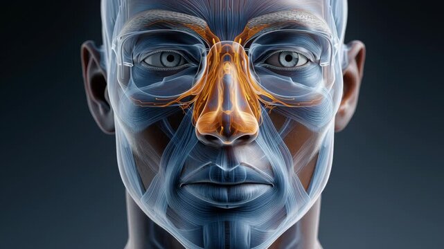 Sinusitis concept ,Human face sinus anatomy nasal cavity, nerve pathways, facial muscles highlighted, detailed medical