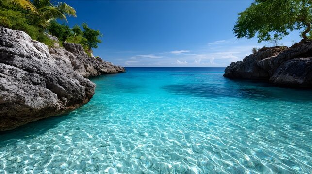 Breathtaking tropical beach scene featuring crystal clear turquoise waters, rocky cliffs, and lush palm trees, providing a serene and picturesque natural setting