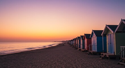 Colorful beach huts at sunrise