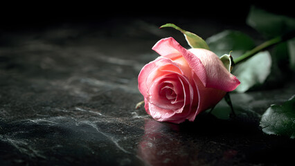 A single pink rose lying on a dark surface background