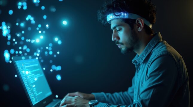 A cinematic close-up capturing an artist wearing an EEG headband focused on composing music, with glowing colorful brainwave holograms above, in a futuristic setting.
