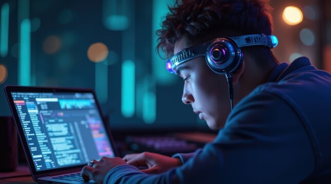 A cinematic close-up capturing an artist wearing an EEG headband focused on composing music, with glowing colorful brainwave holograms above, in a futuristic setting.
