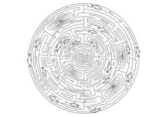 Intricate Circular Maze Design with Fish Illustrations in Black and White for Creative Use