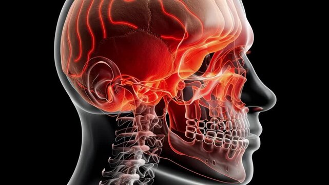 Sinusitis concept ,transparent skull head with highlighted brain blood vessel anatomy and cervical spine jaw facial bone detail