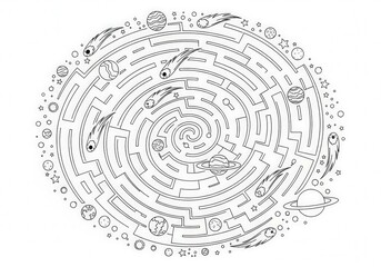 Intricate Maze Design Featuring Planets and Comets in a Cosmic Background for Coloring Activity