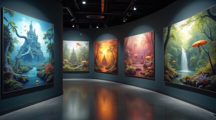 Fototapeta premium A futuristic gallery scene displaying synthetic ecology paintings with biomorphic AI forms intertwined into living ecosystems, set in ambient light. 