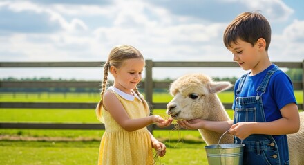 Children interact with a friendly alpaca in a sunny field during a farm visit in summer