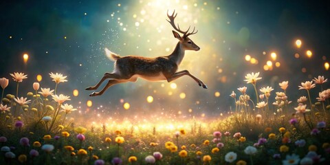 A graceful deer leaps through an enchanted meadow, surrounded by glowing wildflowers and magical fireflies.