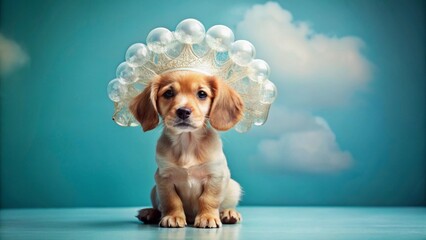 A regal canine, a miniature dachshund puppy, sits majestically adorned with a sparkling crown and a whimsical bubble halo against a serene azure backdrop.
