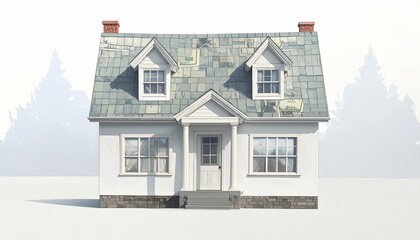 “Two-story house with worn shingles and twin chimneys—symmetry and solitude etched in time and timber.”