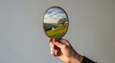 Reflection of a serene landscape captured in a handheld mirror showcasing rolling hills and a vibrant sky