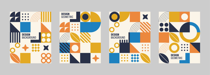 Bauhaus poster set. Abstract colorfull designs with simple geometric shapes. Cards in retro minimal flat style. colorfull seamless pattern collection.Vector illustration.