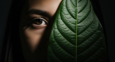 Woman partially obscured by a large green leaf in a dark setting, highlighting her eye and capturing a moment of nature connection