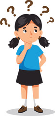 Confused little girl thinking with question marks above head, puzzled expression, decision making, problem solving, doubt, curiosity, brainstorming, learning concept