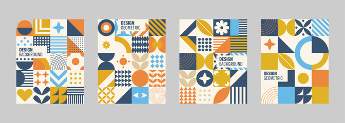 Bauhaus poster set. Abstract colorfull designs with simple geometric shapes. Cards in retro minimal flat style. colorfull seamless pattern collection.Vector illustration.