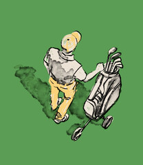 Color illustration, graphic, hand drawn ink sketch of men on a golf course with a golf cart carrying clubs, a referee, and an assistant, top view, on a green field background. High quality photo