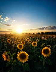 A breathtaking field of sunflowers glowing at sunset with golden yellow petals, vibrant blue and orange sky, peaceful countryside landscape, nature background, summer floral scenery, stock photo.