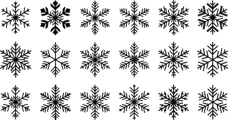 Black snowflake icons, winter vector elements, symmetrical geometric shapes, seasonal decoration, isolated snowflakes, Christmas design, cold weather symbols, abstract art