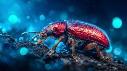 Fototapeta premium Close-Up of a Shiny Red Beetle on a Dark Surface with Bokeh Background, Highlighting Its Unique Features and Intricate Details, in Stunning Macro Photography