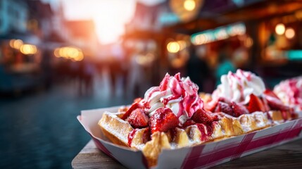 Fototapeta premium Deliciously Indulgent Waffles Topped with Fresh Strawberries, Cream, and Sweet Syrup at a Festive Marketplace During Golden Hour