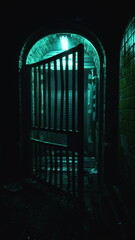 A dark tunnel with a visible gate and a distant light shining at the end of the passage.