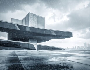 Modern Concrete Building With Geometric Design Under Overcast Sky and Rain