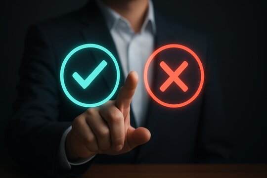 A person wearing a business suit is interacting with a user interface that features a glowing green checkmark and a red crossmark symbol, suggesting choices and decisions against a dark background.
