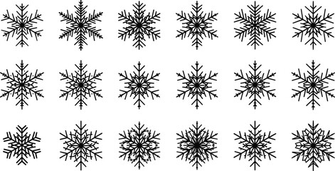Black snowflake icons, winter vector set, symmetrical design, decorative elements, seasonal graphics, icy patterns, holiday art, isolated illustrations