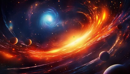 cosmic inferno a celestial ballet of fiery meteors and glowing planets engulfed in a spiral galaxy s embrace