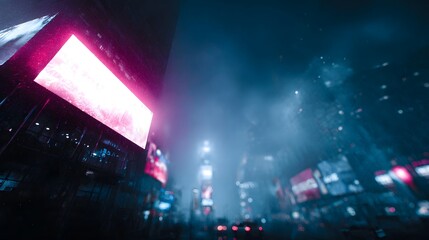 A vibrant neon lit cityscape at night with glowing digital billboards creating a futuristic urban atmosphere