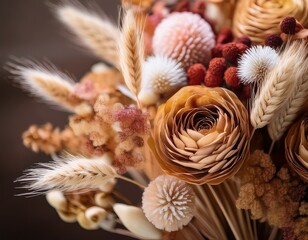 stunning macro close up of an artfully arranged bouquet of dried flowers with intricate texture details