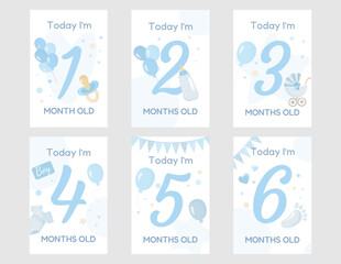 Set of baby milestone cards in blue tones with numbers 1–6 months, stroller, balloons, bottle, pacifier, and cute elements. Perfect vector design for baby shower, newborn celebration, or invitation.