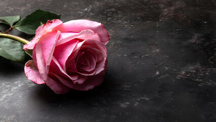A single pink rose lying on a dark surface background