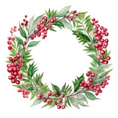 Watercolor wreath christmas plant red white background.